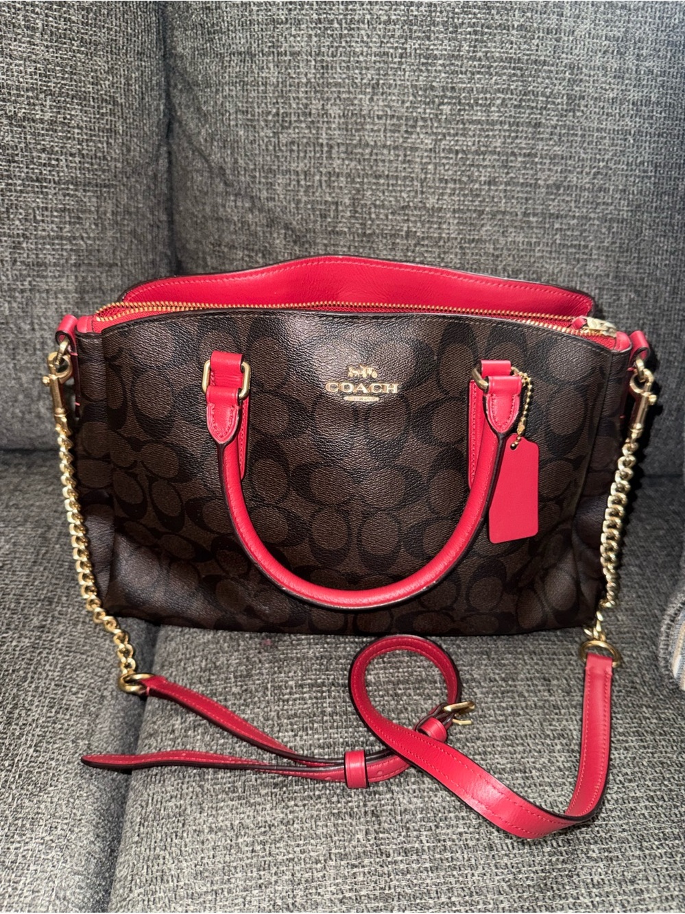 Coach Brown Signature Satchel with Red Trim and Gold Hardware